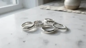 Classic platinum vintage style wedding bands for women reflecting morning sunlight on a marble countertop.