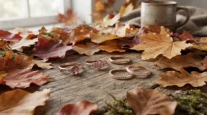 Warm rose gold vintage style wedding bands for women styled with autumn leaves and natural wood.