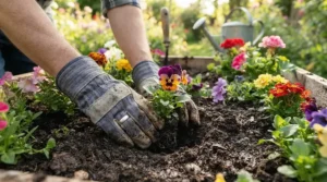Practical women's wedding bands for active lifestyles worn while planting flowers in a home garden.