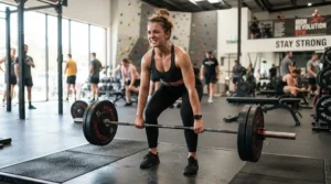 A woman wearing women's wedding bands for active lifestyles while lifting weights at a modern fitness center.