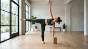 Peaceful yoga session featuring comfortable women's wedding bands for active lifestyles on a mat.