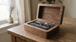 Classic wood inlay wedding bands nestled inside a velvet-lined wooden presentation box.