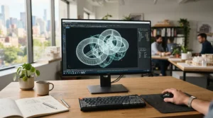 A computer-aided design screen showing precision curves for contoured wedding bands to fit engagement rings.