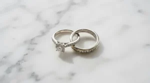 Detailed view of notched contoured wedding bands to fit engagement rings with high center stones.