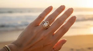 A sparkling stacked look featuring contoured wedding bands to fit engagement rings snugly.
