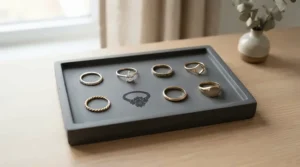 A variety of unique contoured wedding bands to fit engagement rings of different gemstone cuts.