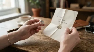 A groom examining authentic dinosaur bone wedding bands for unique grooms alongside a certificate of authenticity.