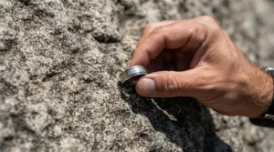 Demonstrating the impressive durability of dinosaur bone wedding bands for unique grooms in a rugged setting.