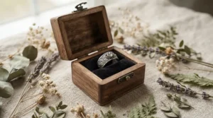 An elegant gift box presentation featuring dinosaur bone wedding bands for unique grooms and wedding accessories.
