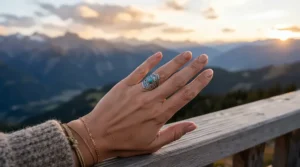 An outdoor enthusiast wearing dinosaur bone wedding bands for unique grooms against a scenic mountain backdrop.