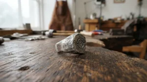 Close-up view of fossilized dinosaur bone wedding bands for unique grooms displayed on a rustic wooden workbench.