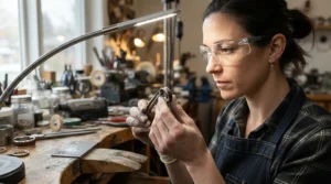 A jeweler carefully inspecting durable wood inlay wedding bands inside a sunlit craft workshop.