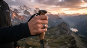 Rugged men wearing wood inlay wedding bands while hiking on a mountain trail at sunset.