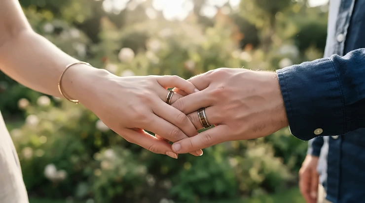 A couple holding hands outdoors showcasing their unique wood inlay wedding bands.