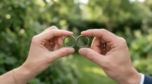 Matching wood grain wedding bands held gently in a pair of hands outdoors during a sunny afternoon.