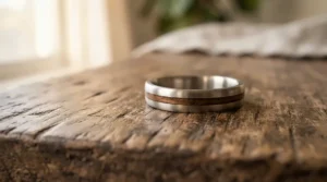 Close-up of durable tungsten wood inlay wedding bands on a rustic wooden table under warm morning light.